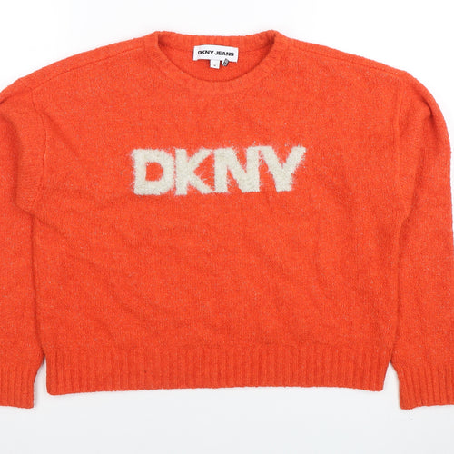 DKNY Jeans Womens Orange Crew Neck Logo Knit Jumper Size M