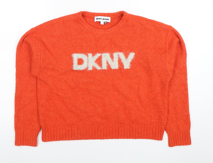 DKNY Jeans Womens Orange Crew Neck Logo Knit Jumper Size M