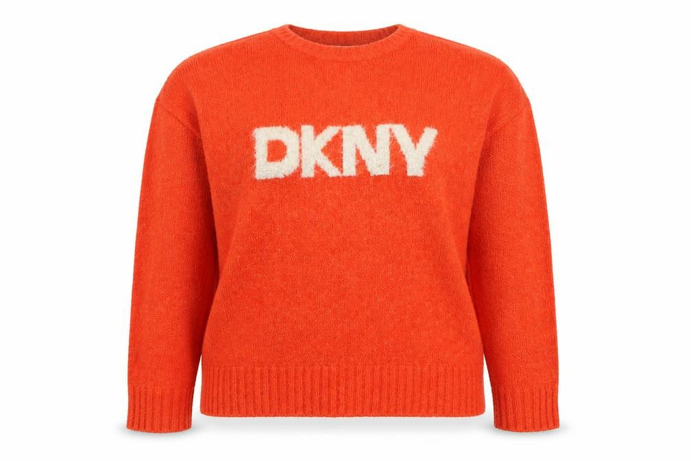 DKNY Jeans Womens Orange Crew Neck Logo Knit Jumper Size M