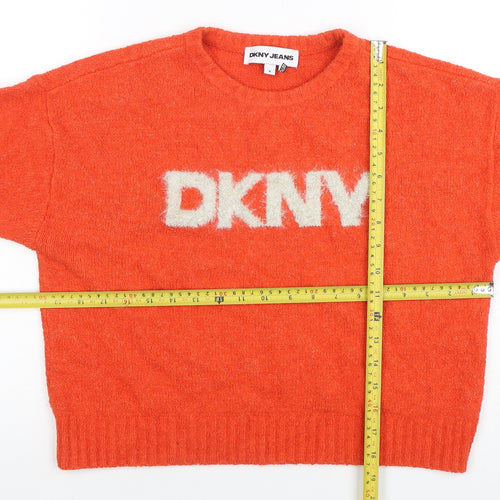DKNY Jeans Womens Orange Crew Neck Logo Knit Jumper Size M