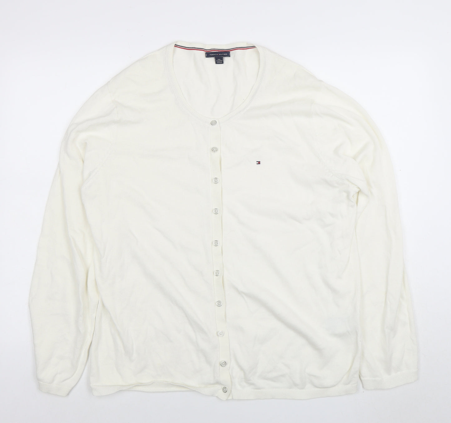 Tommy Hilfiger Womens White Cotton Cardigan 2XL Scoop Neck Knit