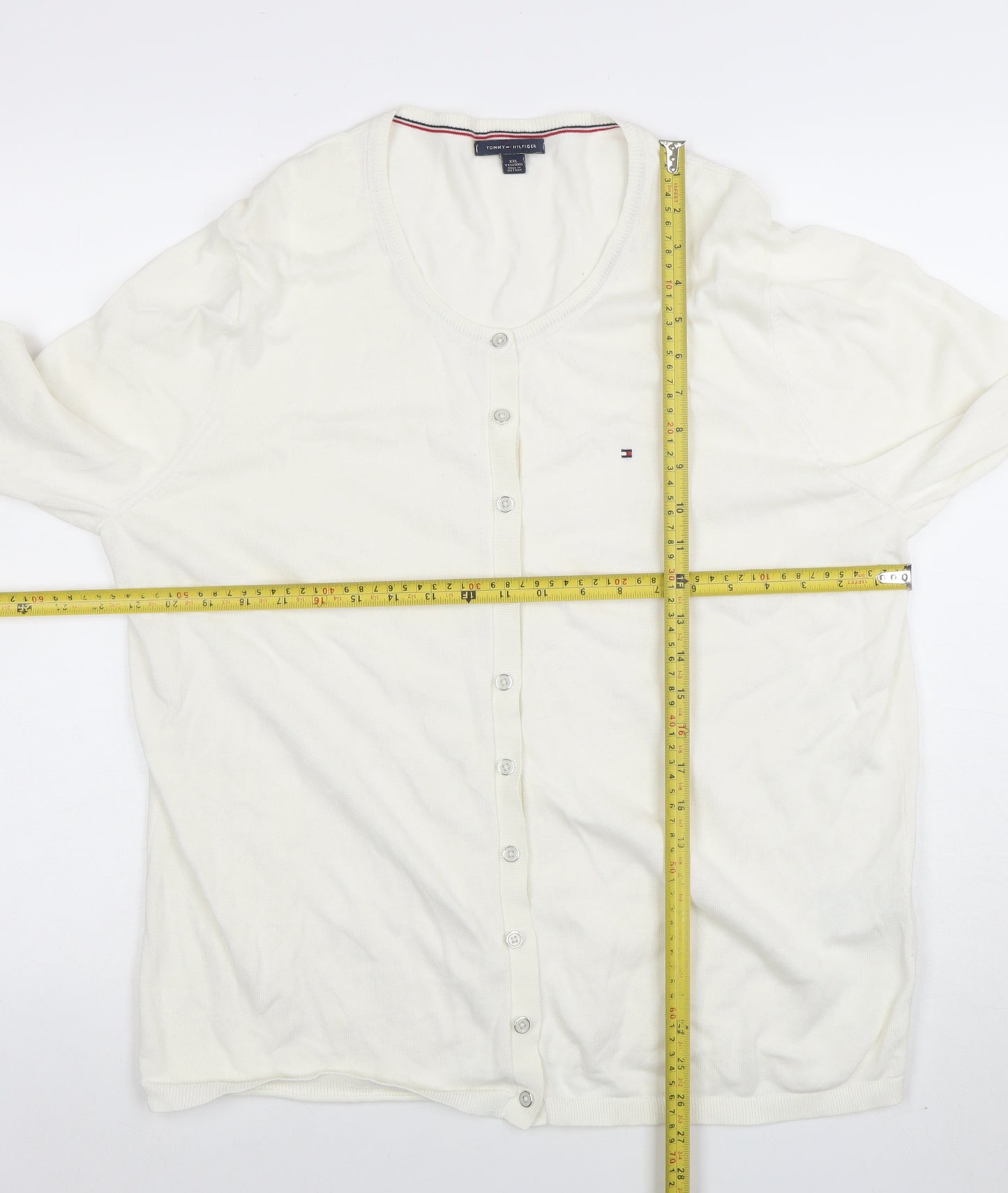 Tommy Hilfiger Womens White Cotton Cardigan 2XL Scoop Neck Knit