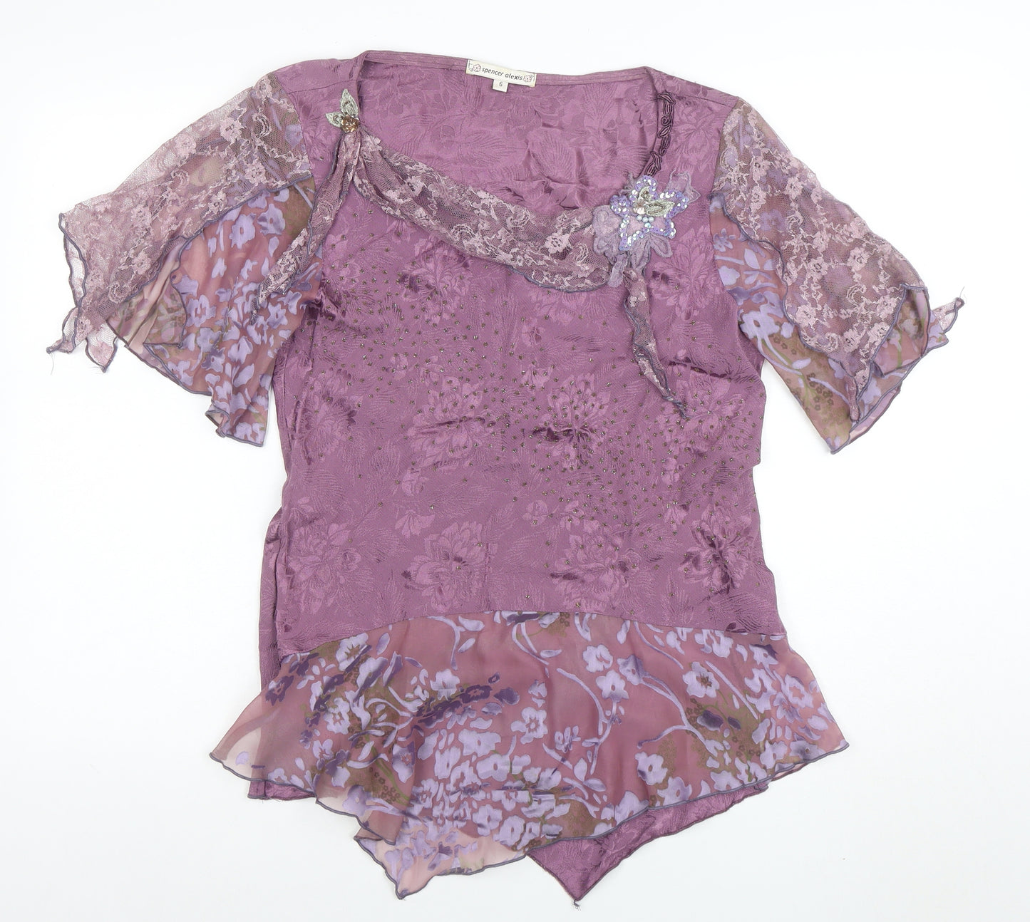 Spencer Alexis Womens Purple Floral Lace Bohemian Tunic Blouse Size 10
