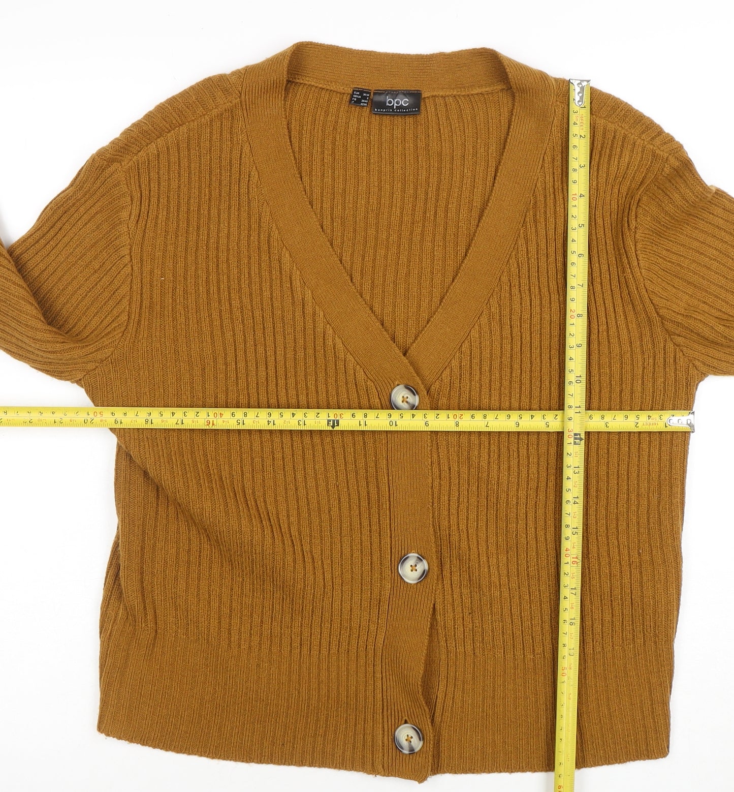 bpc bonprix collection Women's Brown Ribbed V-Neck Button Cardigan Size S