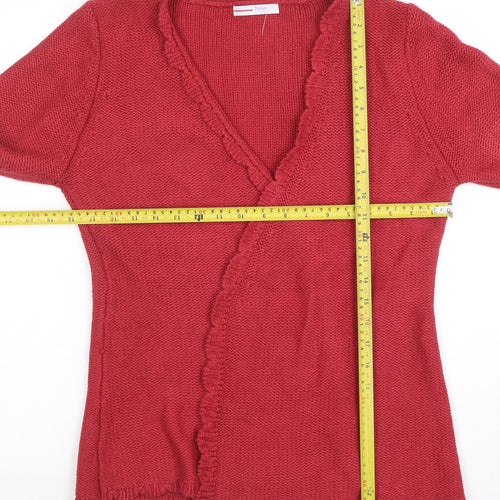 Papaya Women Red V-Neck Ruffle Cardigan Size 14 Acrylic Knit