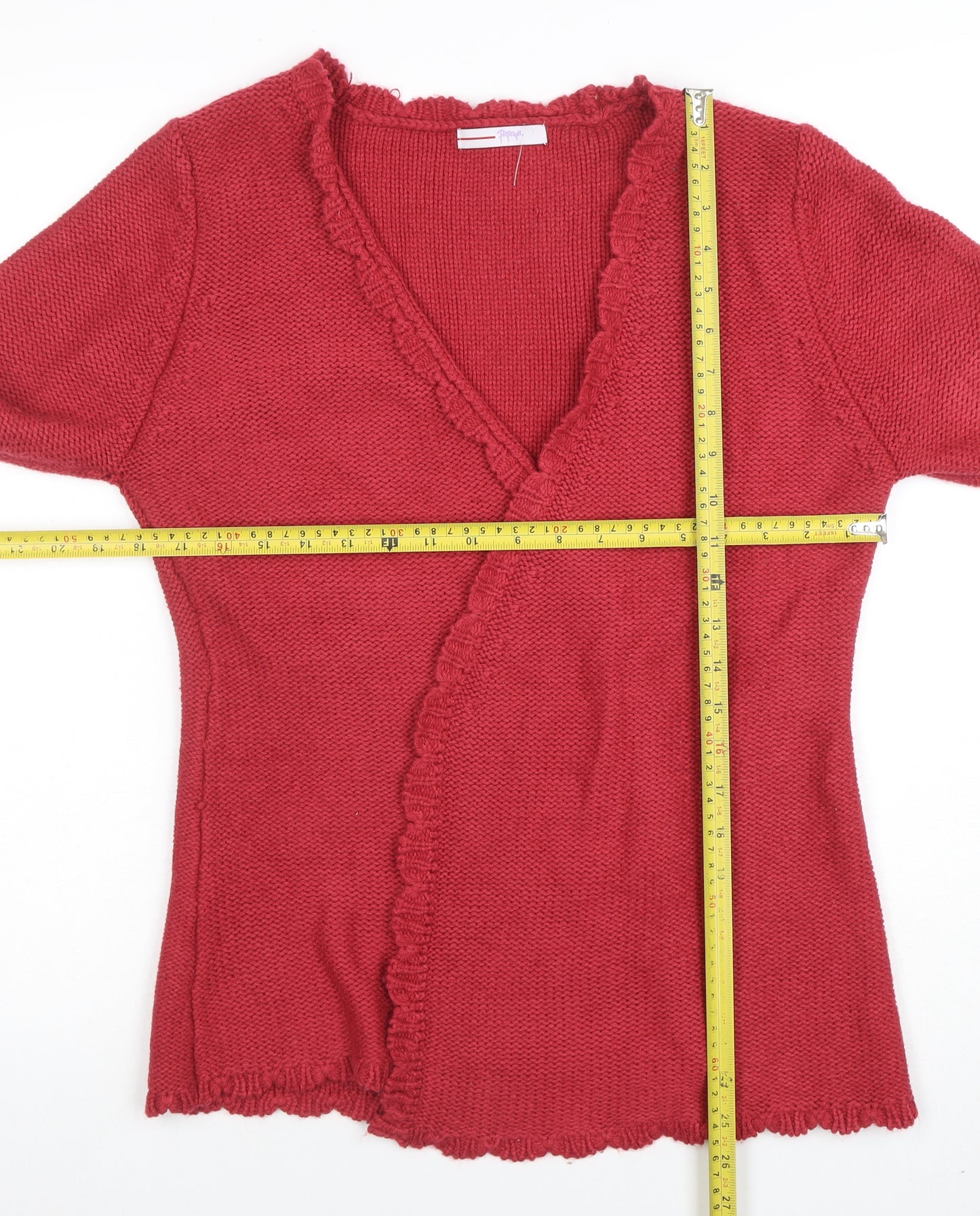 Papaya Women Red V-Neck Ruffle Cardigan Size 14 Acrylic Knit