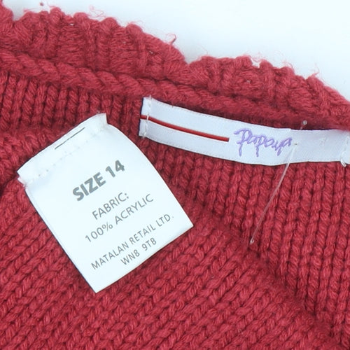 Papaya Women Red V-Neck Ruffle Cardigan Size 14 Acrylic Knit