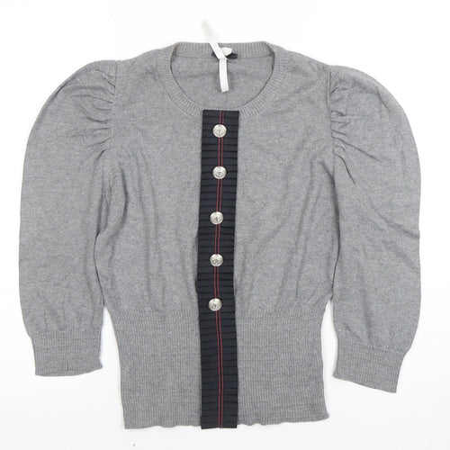 Next Women’s Grey Knit Puff Sleeve Button-Up Jumper Size 10