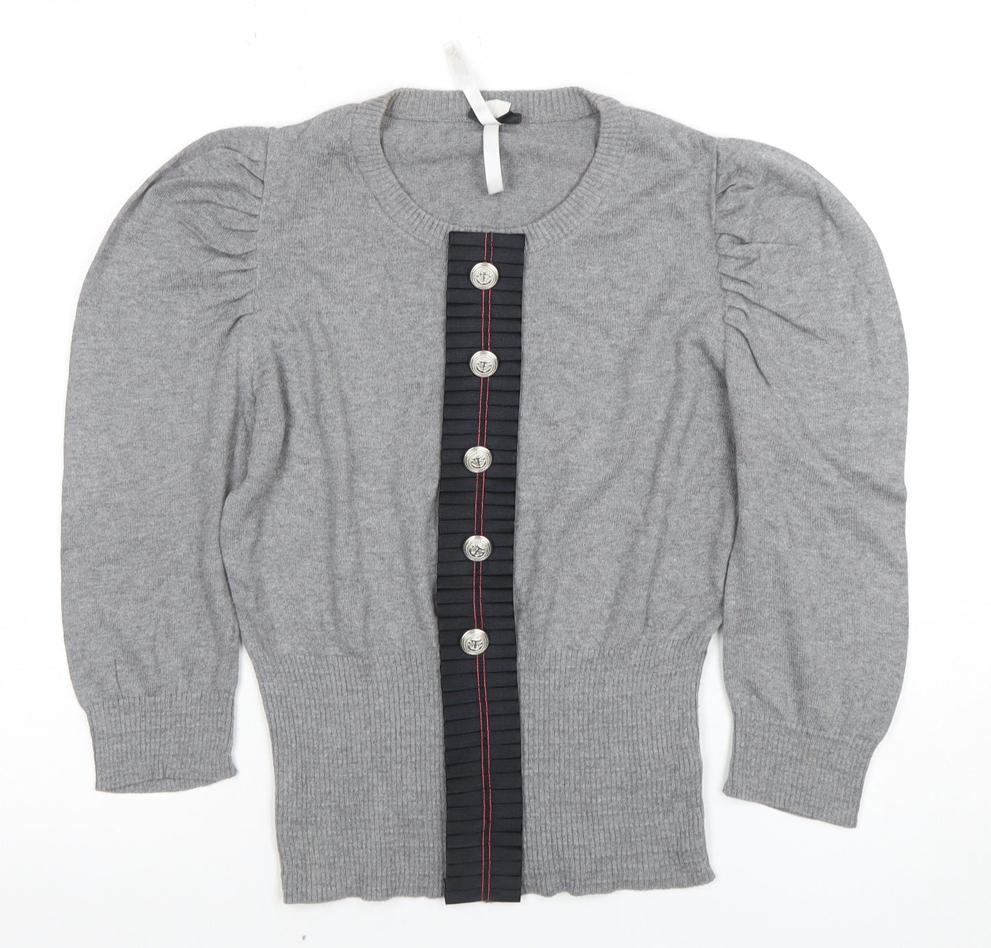 Next Women’s Grey Knit Puff Sleeve Button-Up Jumper Size 10