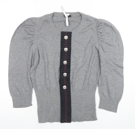 Next Women’s Grey Knit Puff Sleeve Button-Up Jumper Size 10