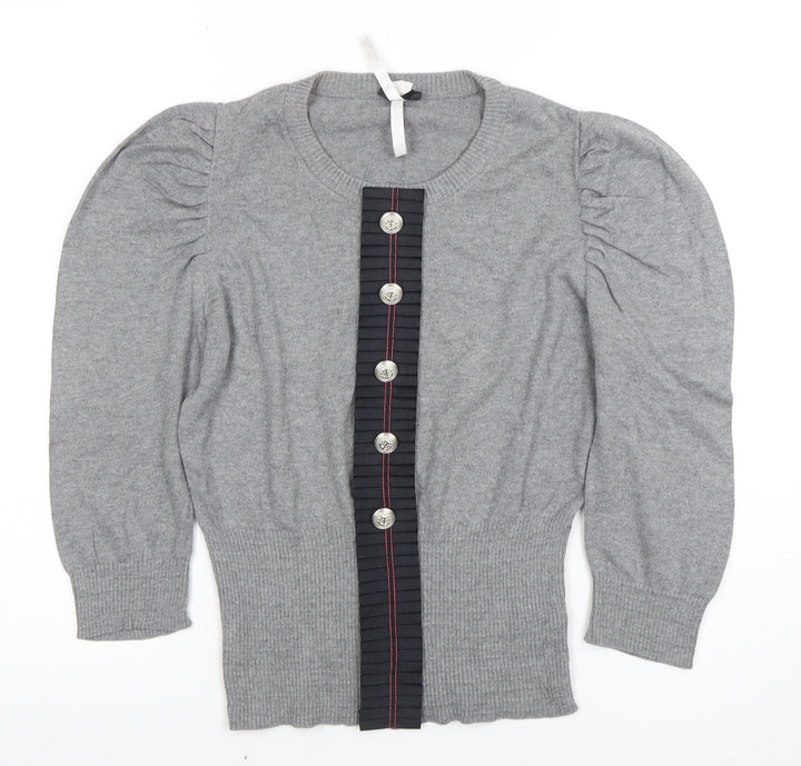 Next Women’s Grey Knit Puff Sleeve Button-Up Jumper Size 10