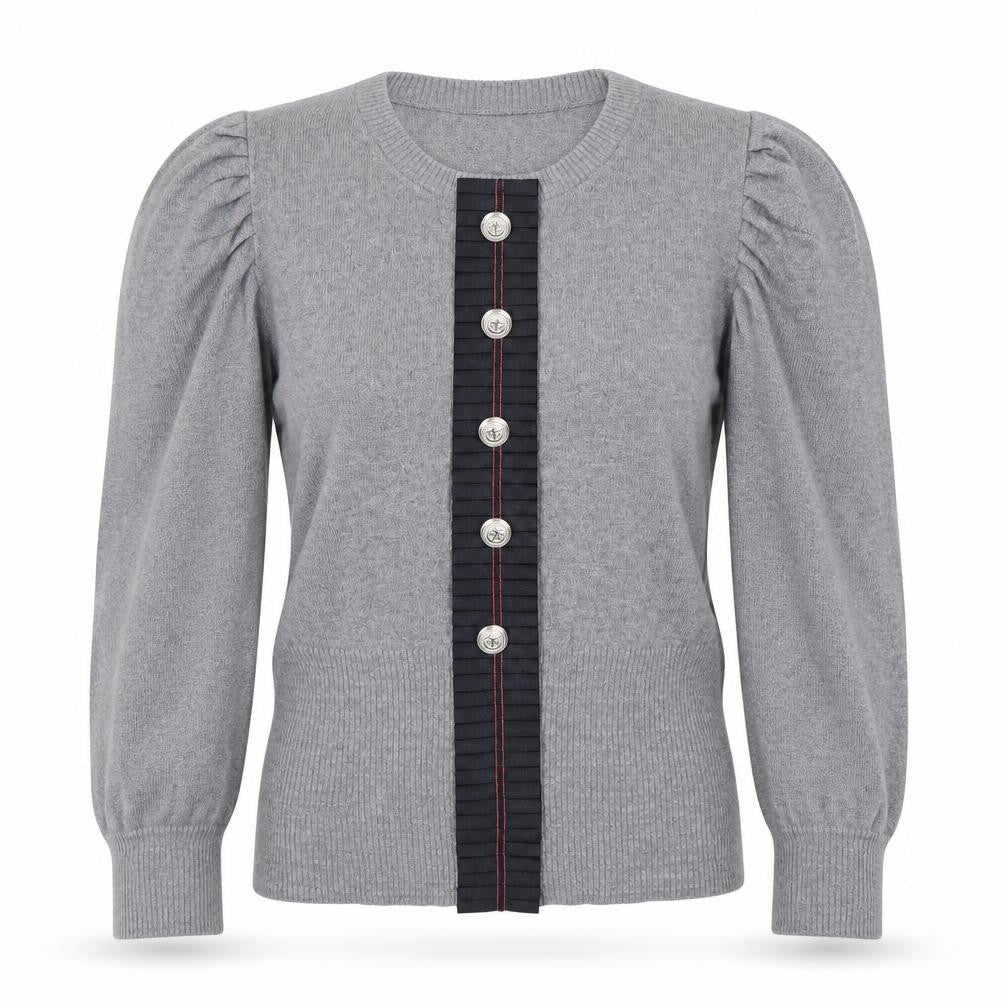 Front view of Next Women’s Grey Knit Puff Sleeve Button-Up Jumper, size UK 10