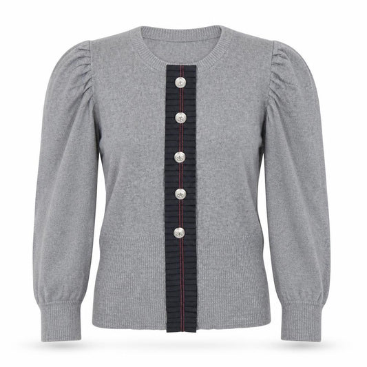 Front view of Next Women’s Grey Knit Puff Sleeve Button-Up Jumper, size UK 10