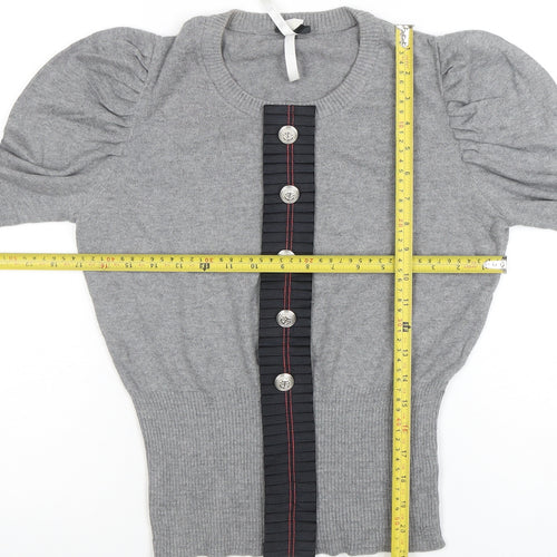Next Women’s Grey Knit Puff Sleeve Button-Up Jumper Size 10