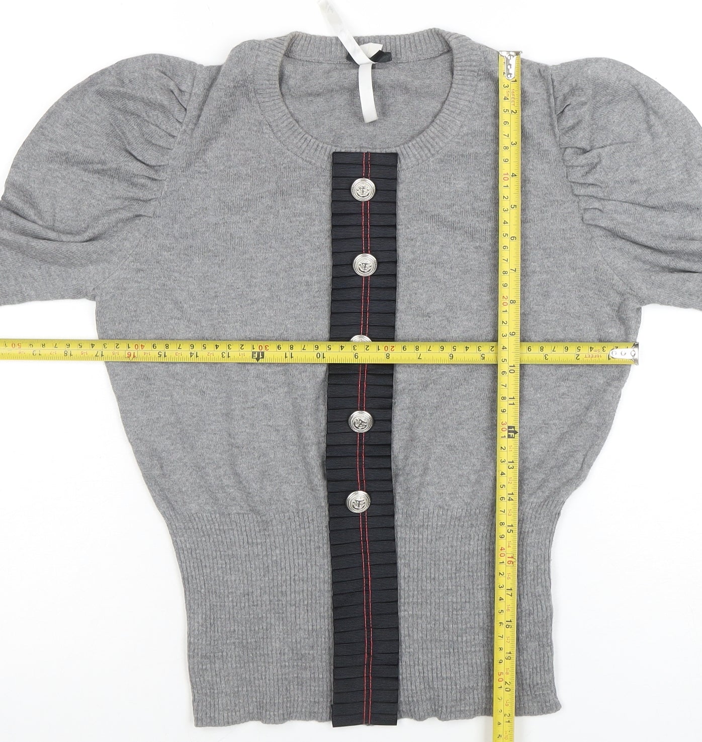 Next Women’s Grey Knit Puff Sleeve Button-Up Jumper Size 10