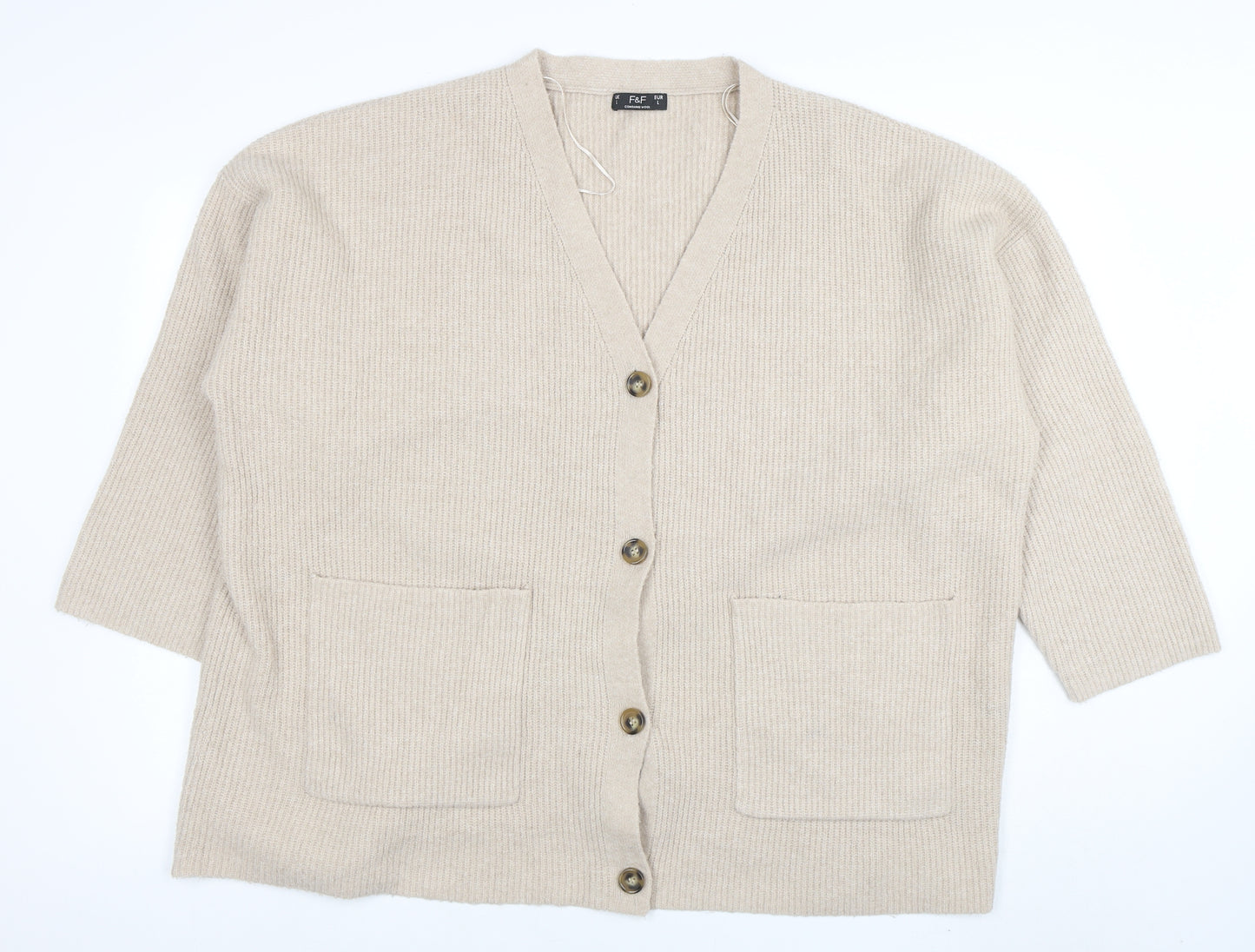 F&F Women’s Beige Wool Blend V-Neck 3/4 Sleeve Cardigan Size L