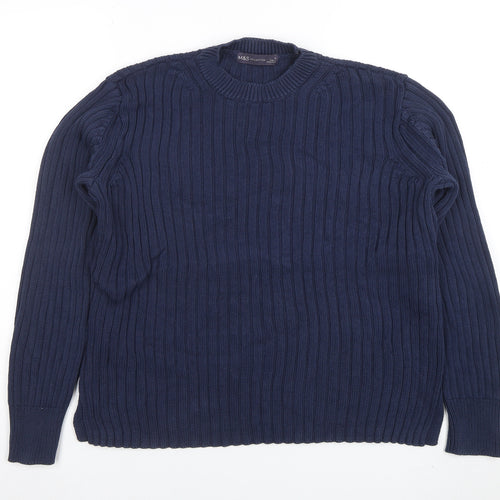 Marks and Spencer Women's Blue Ribbed Cotton Jumper Size 10