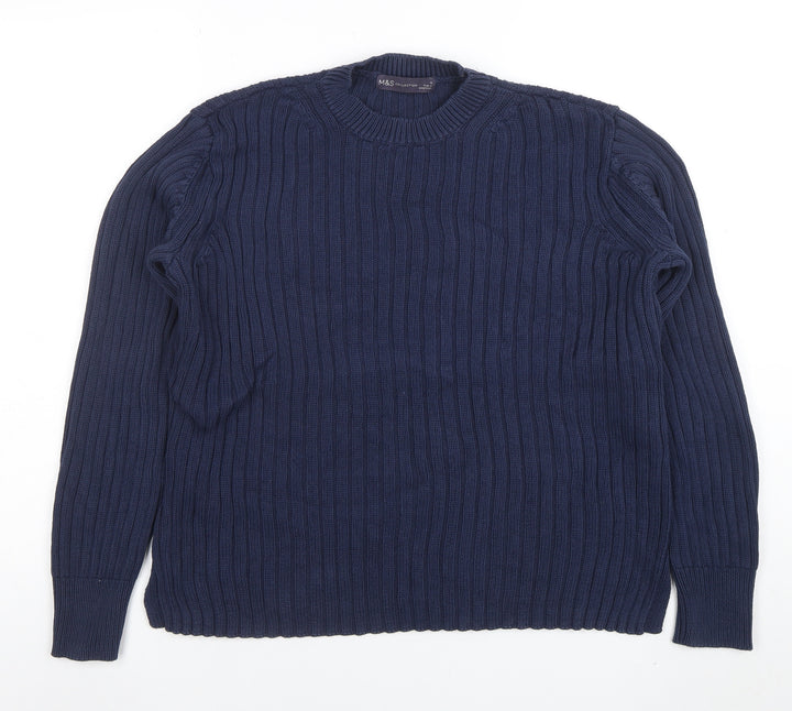 Marks and Spencer Women's Blue Ribbed Cotton Jumper Size 10