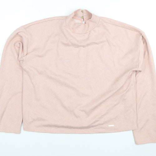 River Island Women Pink Herringbone High Neck Long Sleeve Blouse Size S