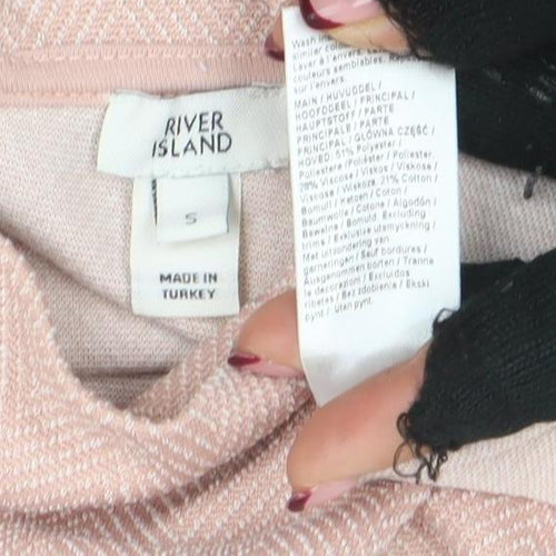 River Island Women Pink Herringbone High Neck Long Sleeve Blouse Size S