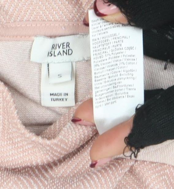 River Island Women Pink Herringbone High Neck Long Sleeve Blouse Size S