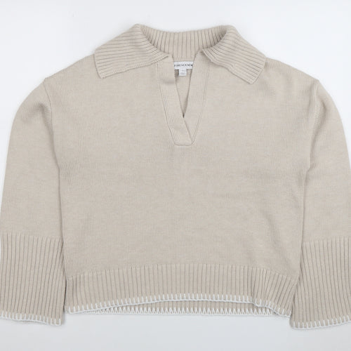 Forever New Women Beige Collared Knit Henley Jumper Size S