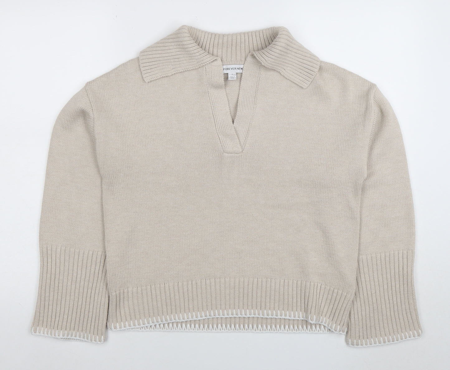 Forever New Women Beige Collared Knit Henley Jumper Size S