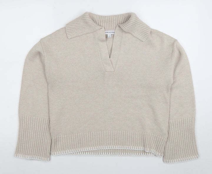 Forever New Women Beige Collared Knit Henley Jumper Size S
