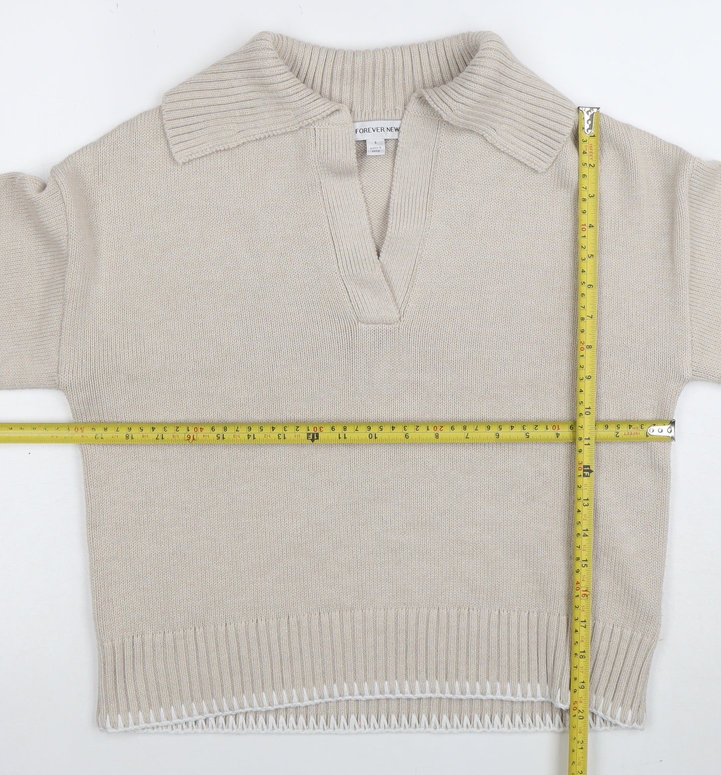 Forever New Women Beige Collared Knit Henley Jumper Size S