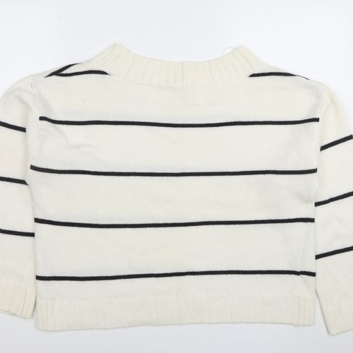 H&M Women’s White Striped Wool Blend Crew Neck Pullover Jumper Size M