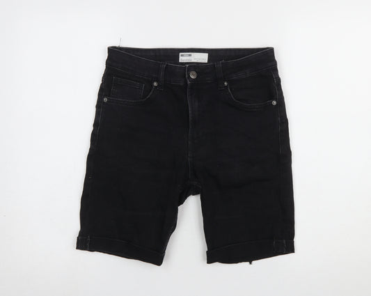 Bershka Womens Black Denim Bermuda Shorts Size 10 Slim Stretch