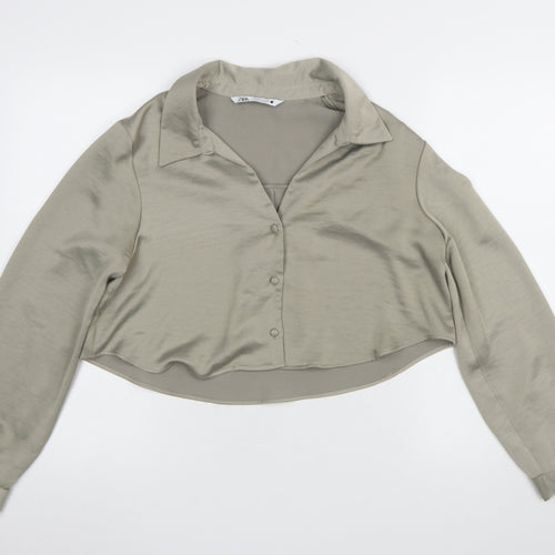 Zara Women Khaki Cropped Button-Up Blouse Long Sleeve UK 14 Polyester