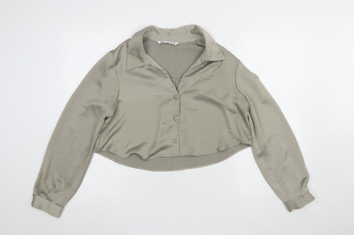 Zara Women Khaki Cropped Button-Up Blouse Long Sleeve UK 14 Polyester