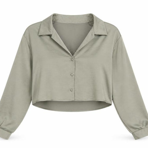 Zara Women Khaki Cropped Button-Up Blouse Long Sleeve UK 14 Polyester
