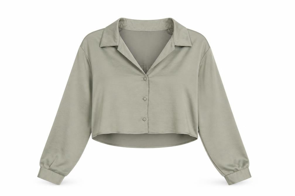 Zara Women Khaki Cropped Button-Up Blouse Long Sleeve UK 14 Polyester