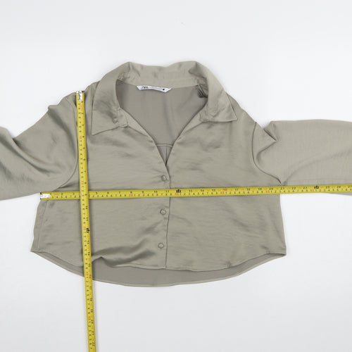Zara Women Khaki Cropped Button-Up Blouse Long Sleeve UK 14 Polyester
