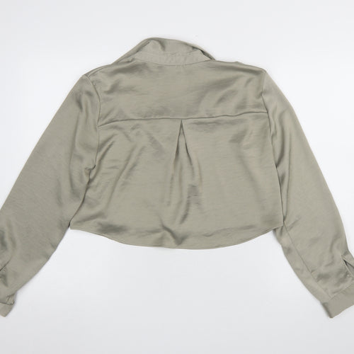 Zara Women Khaki Cropped Button-Up Blouse Long Sleeve UK 14 Polyester