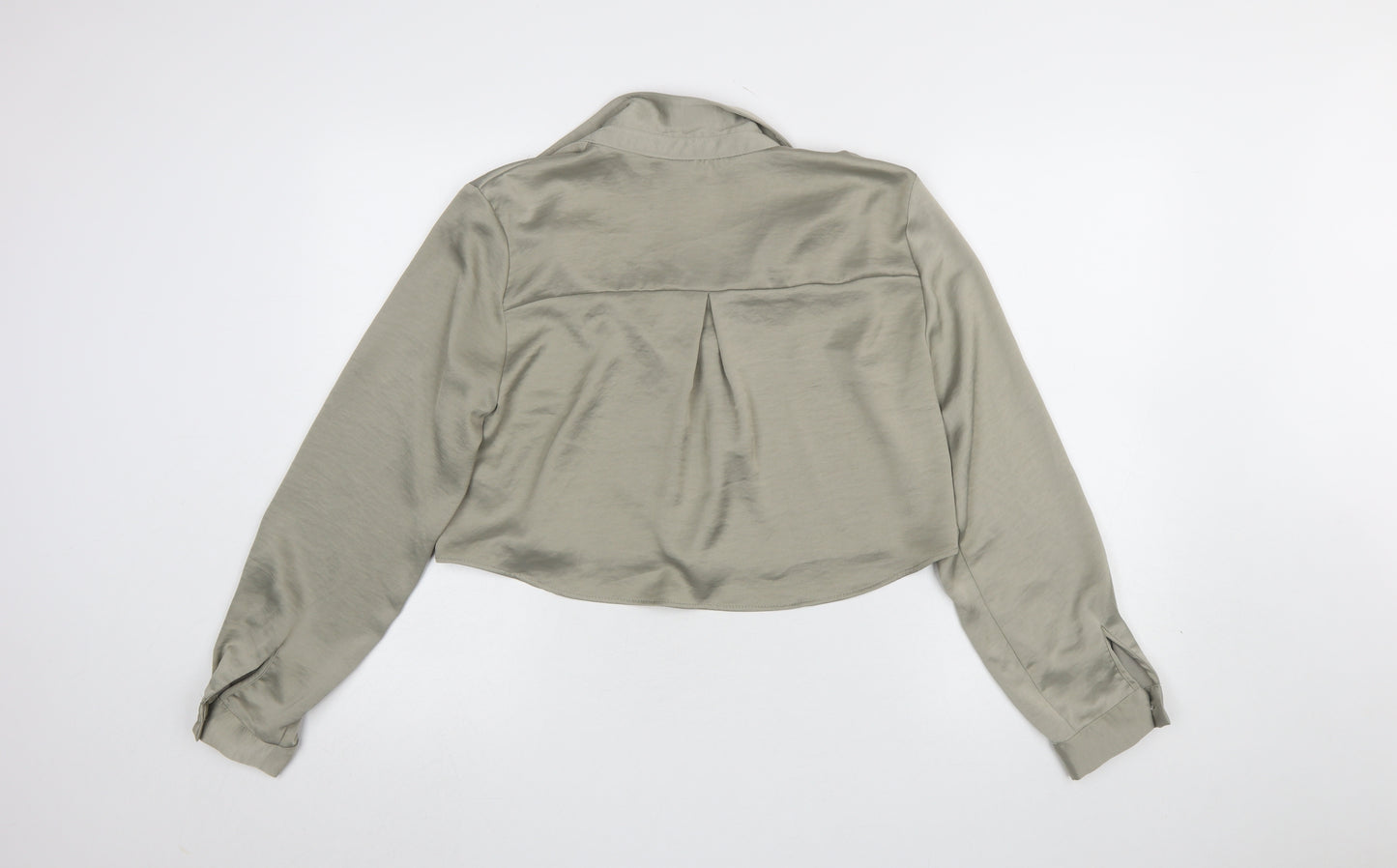 Zara Women Khaki Cropped Button-Up Blouse Long Sleeve UK 14 Polyester