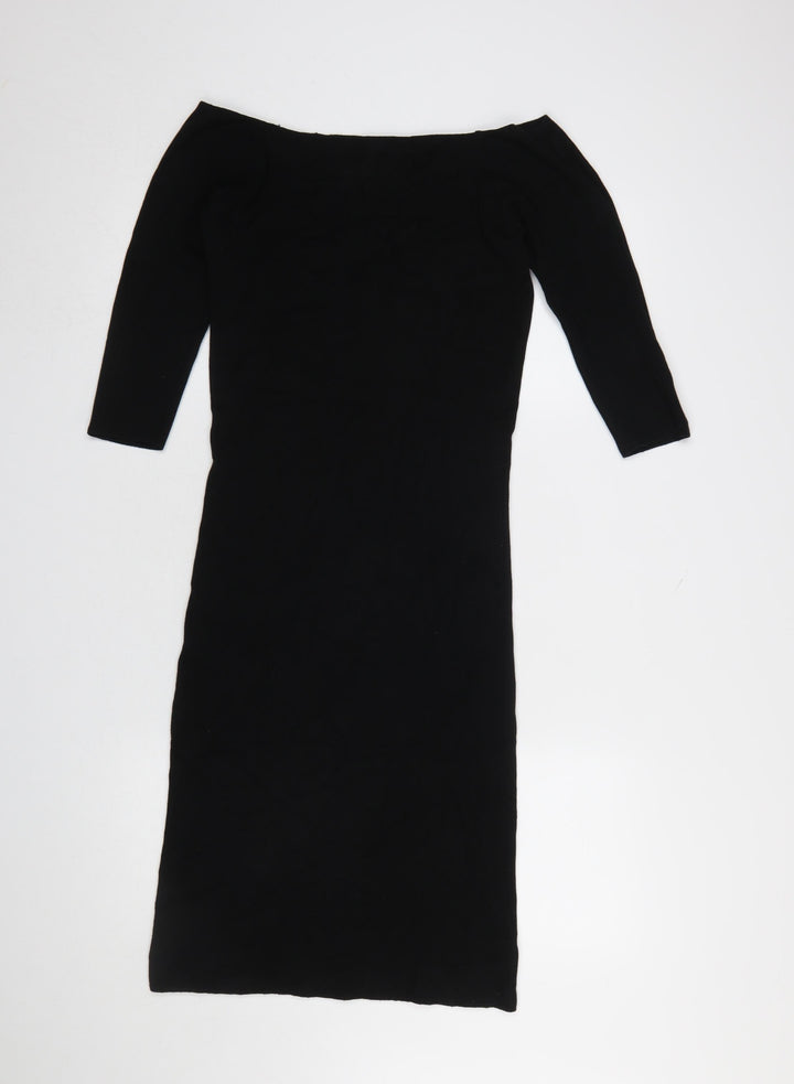 ZARA Women Black Size 14 Bodycon Knit Off Shoulder Dress