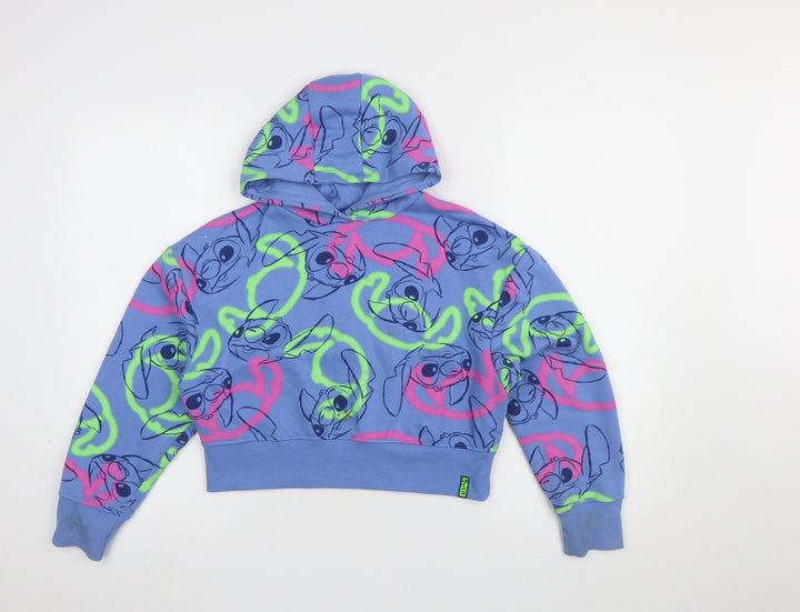Primark Girls Blue Stitch Hoodie 9-10 Years Pullover Cotton Blend Graphic