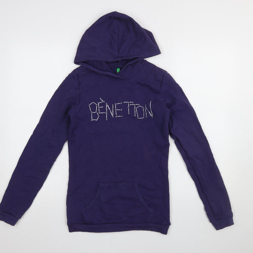 Benetton Girls Purple Pullover Hoodie 13-14 Years Logo Cotton