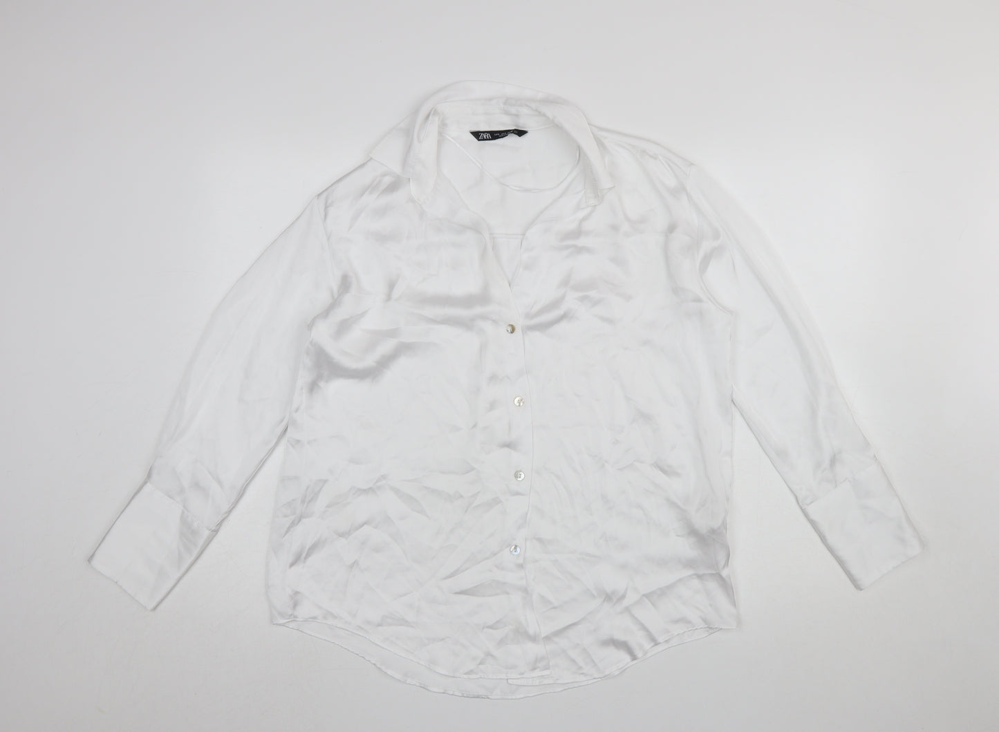 Zara Women White Long Sleeve Button-Up Blouse Size S Classic Style