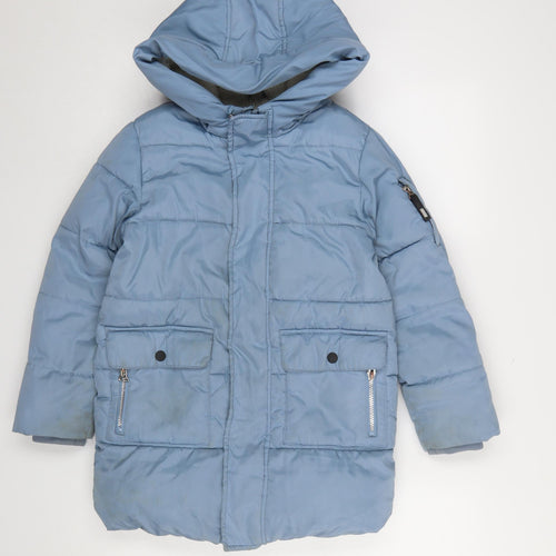 Marks and Spencer Girls Blue Hooded Puffer Coat 7-8 Years Winter Jacket