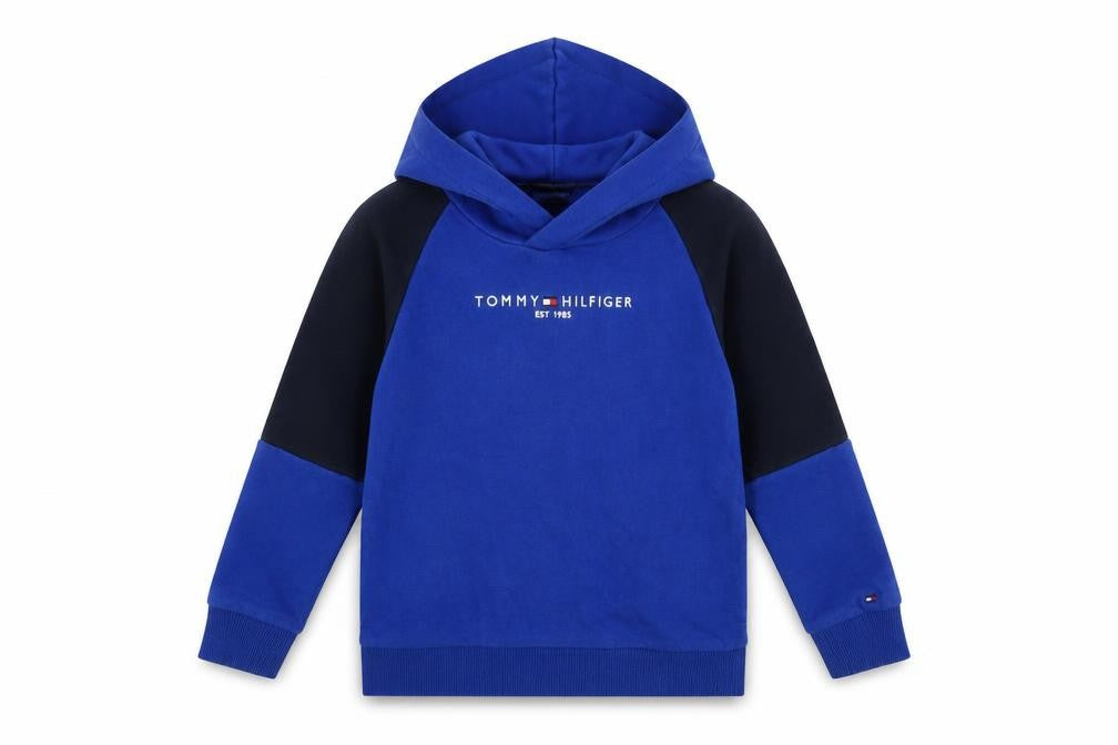 Front view of Tommy Hilfiger boys’ blue pullover hoodie 3 years cotton logo sweatshirt