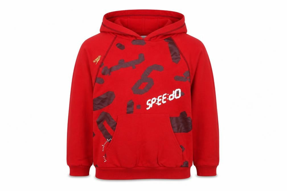 Front view of Speedo boys’ red pullover hoodie 10-12 years cotton graphic print