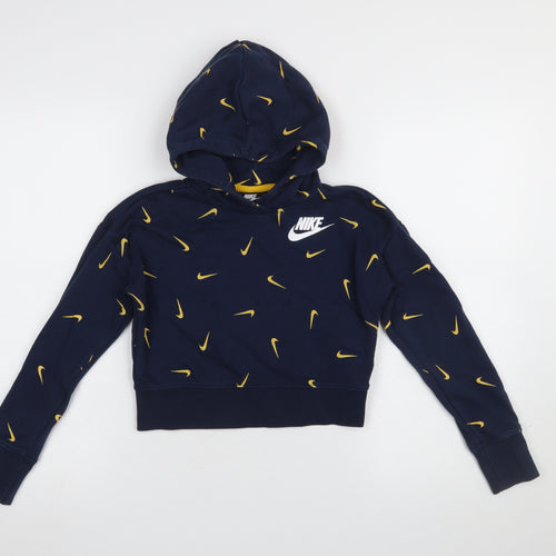 Nike Girls Blue Graphic Hooded Pullover Hoodie Size 146 Cotton Blend