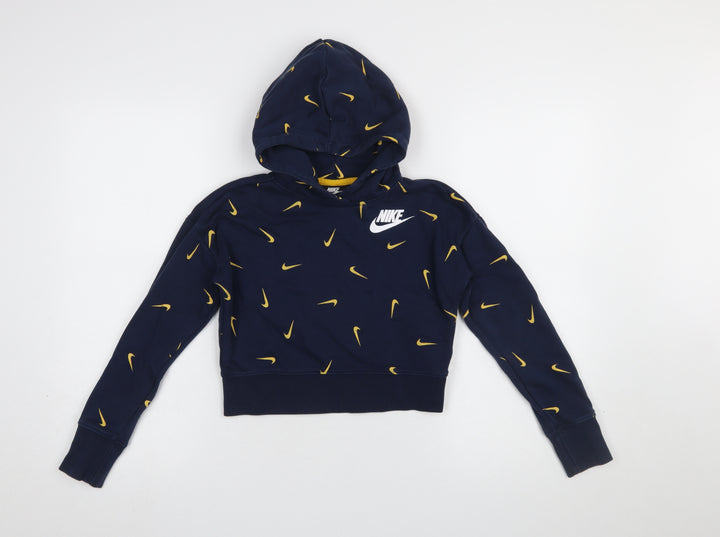 Nike Girls Blue Graphic Hooded Pullover Hoodie Size 146 Cotton Blend