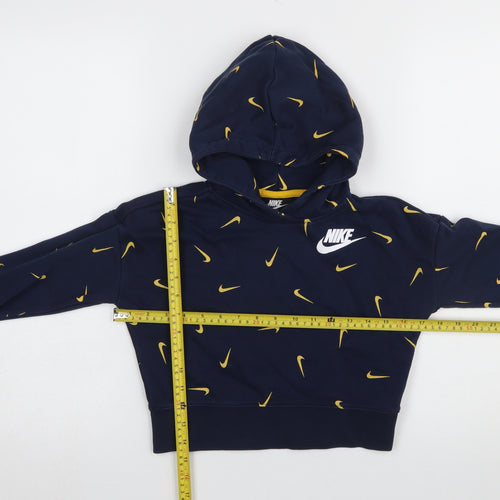 Nike Girls Blue Graphic Hooded Pullover Hoodie Size 146 Cotton Blend