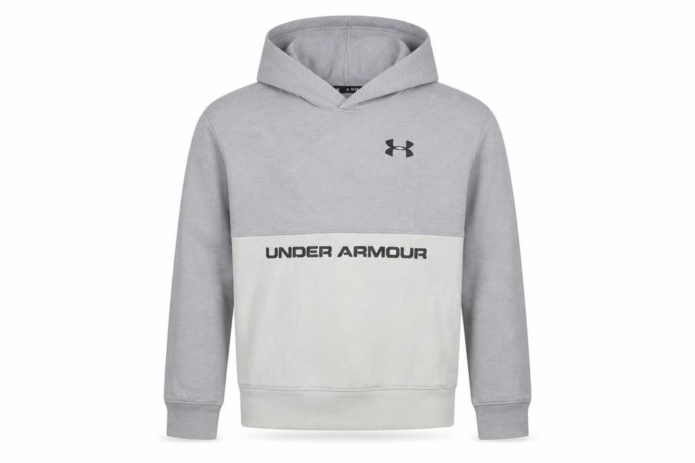 Front view of Under Armour boys’ grey colourblock pullover hoodie size small ysm