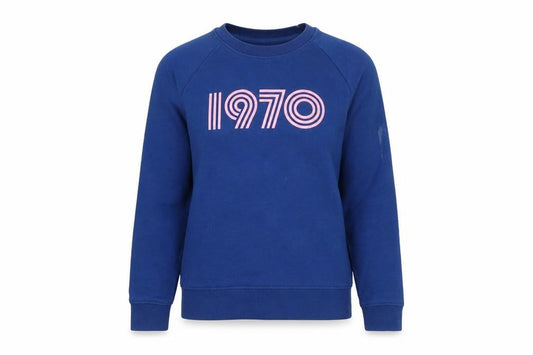 Front view of Stanley/Stella women’s blue 1970 graphic pullover sweatshirt xxs